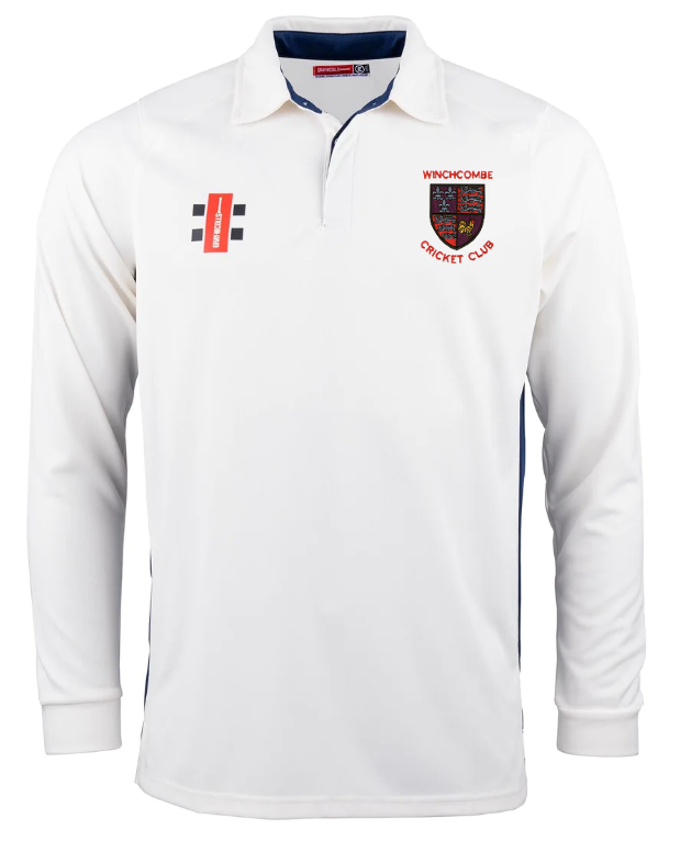 The Gray Nicolls Winchcombe CC Pro Performance V2 L/S Cricket Shirt features cooling fabric, a club crest on the left chest, black and red logo on the right, a collar, and dark side trim.