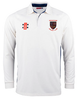 The Gray Nicolls Winchcombe CC Pro Performance V2 L/S Cricket Shirt features cooling fabric, a club crest on the left chest, black and red logo on the right, a collar, and dark side trim.