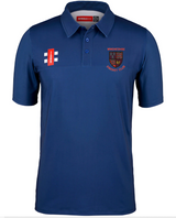 A navy Gray Nicolls Winchcombe CC Pro Performance Polo Shirt with short sleeves, button-up collar, club crest on the left chest, moisture-wicking fabric, and two white stripes plus a red label accent on the right chest.
