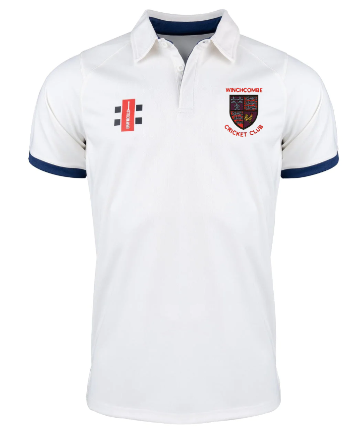 The Gray Nicolls Winchcombe CC Pro Performance V2 S/S Cricket Shirt in Ivory/Navy features navy trim on the collar and sleeves, the Winchcombe CC crest on the left chest, and two small logos on the right chest.