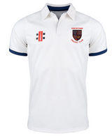 The Gray Nicolls Winchcombe CC Pro Performance V2 S/S Cricket Shirt in Ivory/Navy features navy trim on the collar and sleeves, the Winchcombe CC crest on the left chest, and two small logos on the right chest.