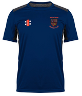The Winchcombe CC Pro Performance T-Shirt by Gray Nicolls features blue short sleeves, black side panels, a red/black club crest on the left chest, a white-red logo on the right, and is made from fast-drying fabric for active comfort.