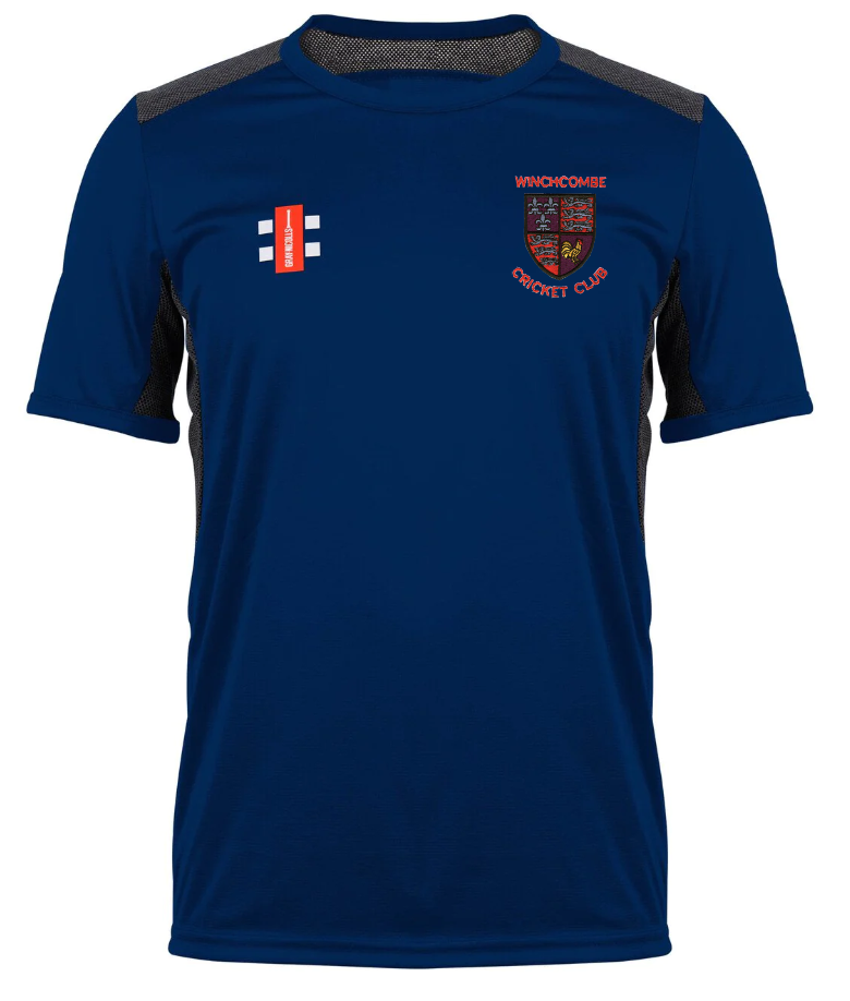 The Winchcombe CC Pro Performance T-Shirt by Gray Nicolls features blue short sleeves, black side panels, a red/black club crest on the left chest, a white-red logo on the right, and is made from fast-drying fabric for active comfort.
