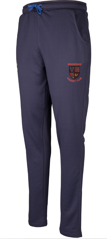 The Gray Nicolls Winchcombe CC Pro Performance Training Trouser offers a tailored fit in navy blue, with a blue drawstring and Warwickshire Cricket Club logo embroidered in red and yellow, designed for comfort and moisture management.