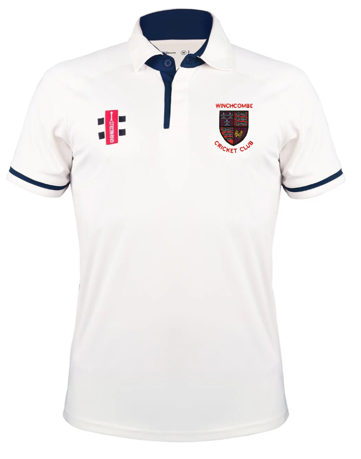 Gray Nicolls Winchcombe CC Pro Performance V3 short sleeved cricket shirt in white with navy collar and sleeve trim, Winchcombe CC crest on the left chest, and two sponsor logos on the right chest.