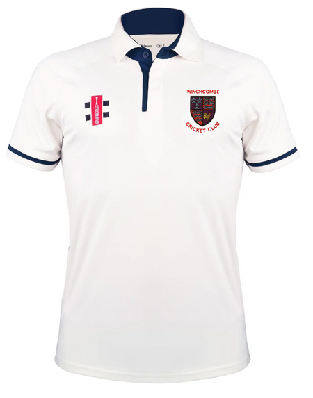 Gray Nicolls Winchcombe CC Pro Performance V3 short sleeved cricket shirt in white with navy collar and sleeve trim, Winchcombe CC crest on the left chest, and two sponsor logos on the right chest.