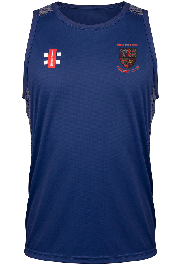 The Gray Nicolls Winchcombe CC Pro Performance Vest is a sleeveless navy blue cricket training vest featuring a red and white logo on the left chest, a WINCHCOMBE CRICKET CLUB crest on the right, and lightweight, breathable fabric for serious players.