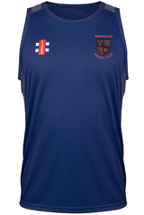 The Gray Nicolls Winchcombe CC Pro Performance Vest is a sleeveless navy blue cricket training vest featuring a red and white logo on the left chest, a WINCHCOMBE CRICKET CLUB crest on the right, and lightweight, breathable fabric for serious players.