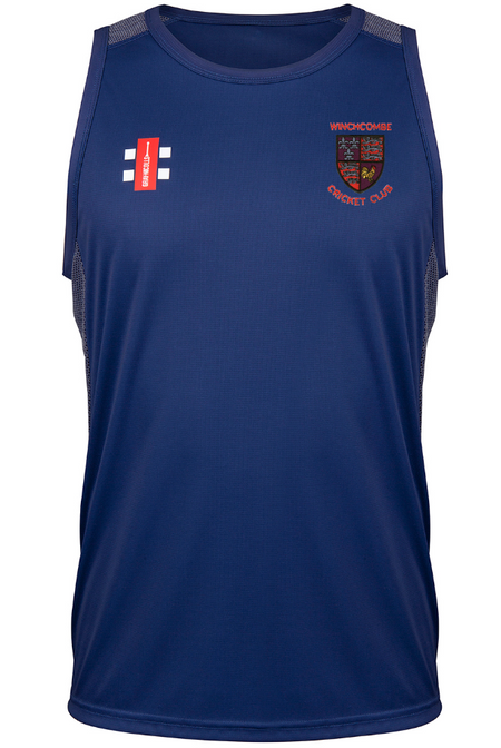 The Gray Nicolls Winchcombe CC Pro Performance Vest is a sleeveless navy blue cricket training vest featuring a red and white logo on the left chest, a WINCHCOMBE CRICKET CLUB crest on the right, and lightweight, breathable fabric for serious players.