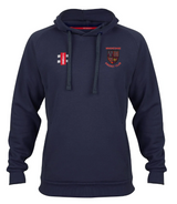 The Gray Nicolls Winchcombe CC Velocity Hoodie is navy blue, made from sustainable cotton, and features a front pocket, drawstrings, and embroidered red and white Winchcombe CC logos with a coat of arms on the left chest.