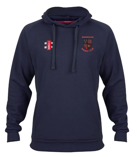 The Gray Nicolls Winchcombe CC Velocity Hoodie is navy blue, made from sustainable cotton, and features a front pocket, drawstrings, and embroidered red and white Winchcombe CC logos with a coat of arms on the left chest.