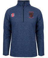 The Gray Nicolls Winchcombe CC Velocity Mid Layer is a navy blue stretch-fit quarter-zip pullover, featuring a small red, white, and navy logo on the right chest and an embroidered Wycombe Cricket Club crest on the left.
