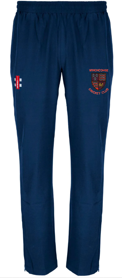 Gray Nicolls Winchcombe CC Velocity Track Trousers in navy blue with elastic waistband, featuring an embroidered England flag (left thigh) and Winchcombe Cricket Club crest and text (right thigh). Ideal athletic fit for cricket training.