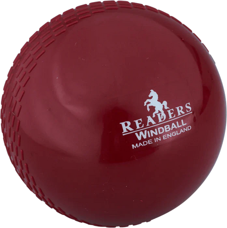 The Readers Windball Maroon Youth, exclusive to Martin Berrill Sports, is a youth cricket ball with a textured grip and "READERS WINDBALL MADE IN ENGLAND" plus horse logo printed in white—a great choice for foundation coaching.