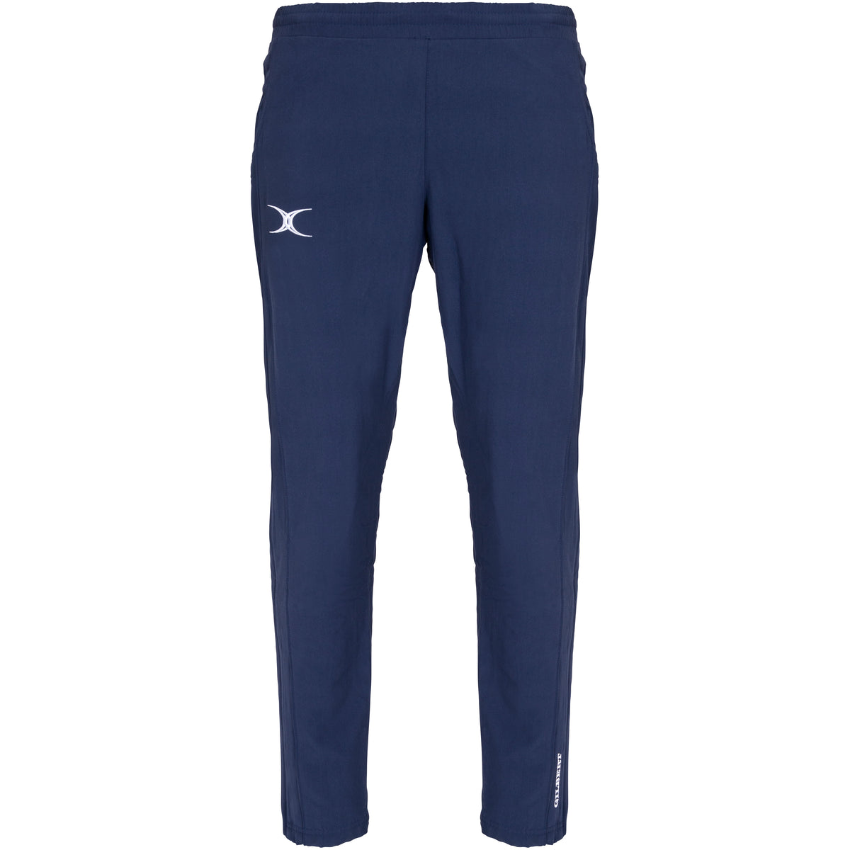The Gilbert Womens Synergie V3 Trouser by Gilbert features a dark navy color, elastic waistband, white curved logo on the left thigh, and a small vertical white text logo near the ankle, shown against a white background.