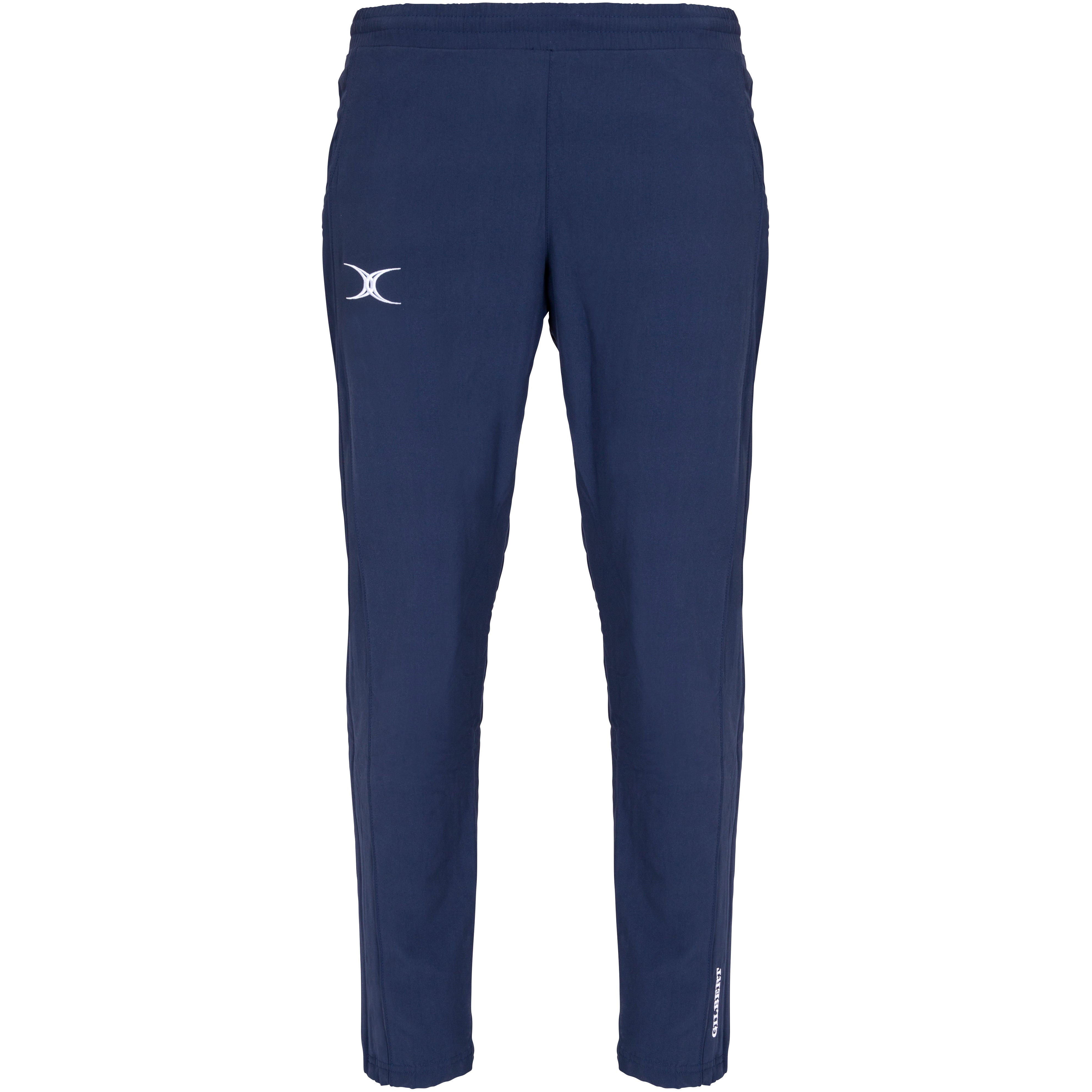 The Gilbert Womens Synergie V3 Trouser by Gilbert features a dark navy color, elastic waistband, white curved logo on the left thigh, and a small vertical white text logo near the ankle, shown against a white background.