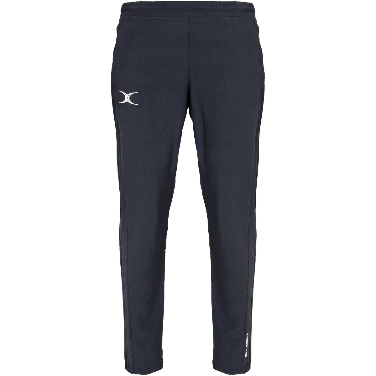 The Gilbert Womens Synergie V3 Trouser by Gilbert features a black design with a white logo on the left thigh and white text by the right ankle, offering stylish, durable comfort—ideal for active school days.