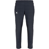 The Gilbert Womens Synergie V3 Trouser by Gilbert features a black design with a white logo on the left thigh and white text by the right ankle, offering stylish, durable comfort—ideal for active school days.