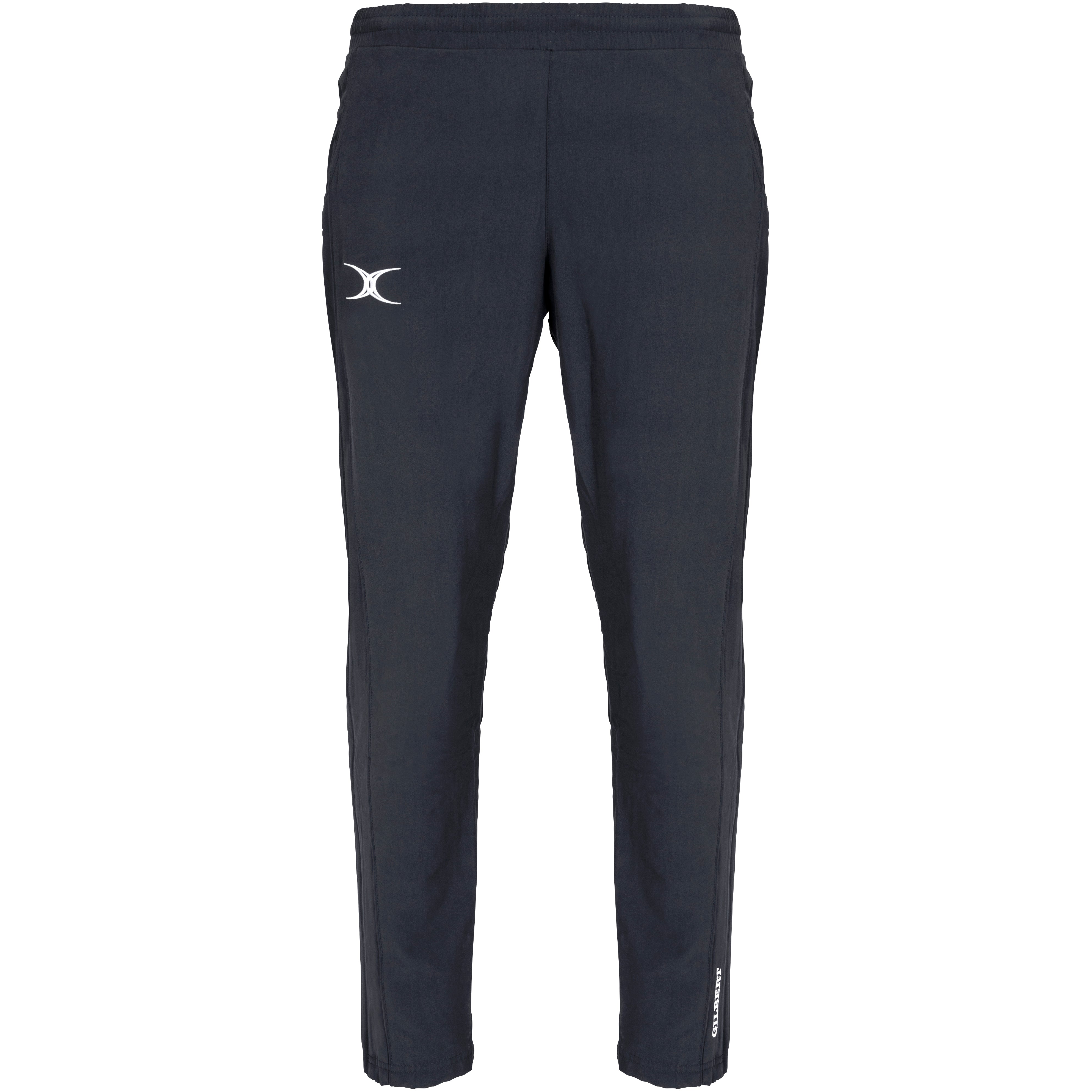 The Gilbert Womens Synergie V3 Trouser by Gilbert features a black design with a white logo on the left thigh and white text by the right ankle, offering stylish, durable comfort—ideal for active school days.