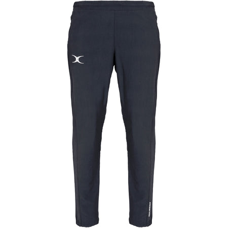The Gilbert Womens Synergie V3 Trouser by Gilbert features a black design with a white logo on the left thigh and white text by the right ankle, offering stylish, durable comfort—ideal for active school days.