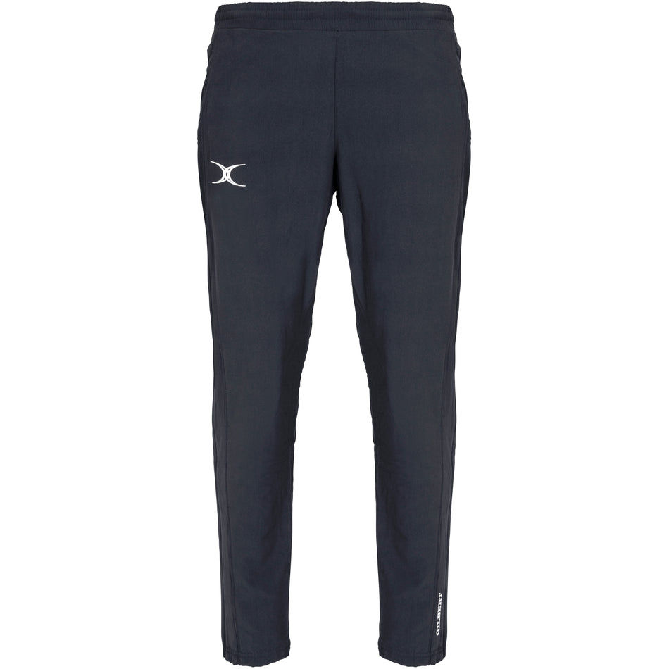 The Gilbert Womens Synergie V3 Trouser by Gilbert features a black design with a white logo on the left thigh and white text by the right ankle, offering stylish, durable comfort—ideal for active school days.