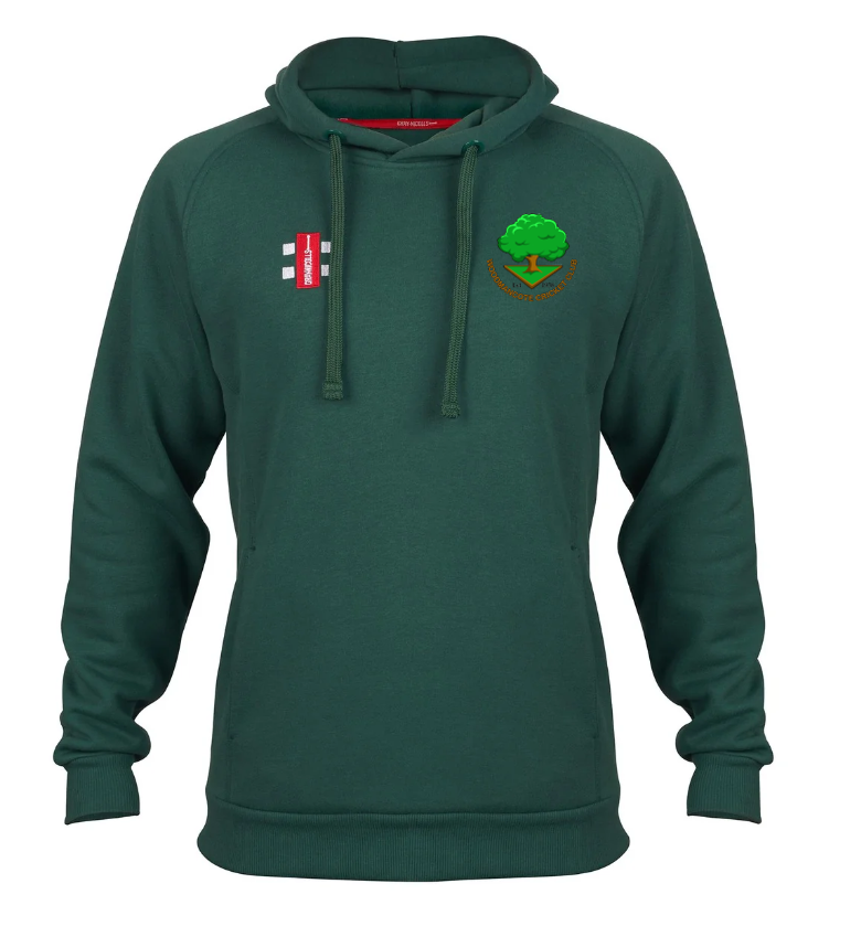 The Gray Nicolls Woodmancote CC Velocity Hoodie is a green hoodie with drawstrings, ribbed cuffs, a red and white rectangular logo on the left chest, and an embroidered tree emblem with text on the right for comfort and style.