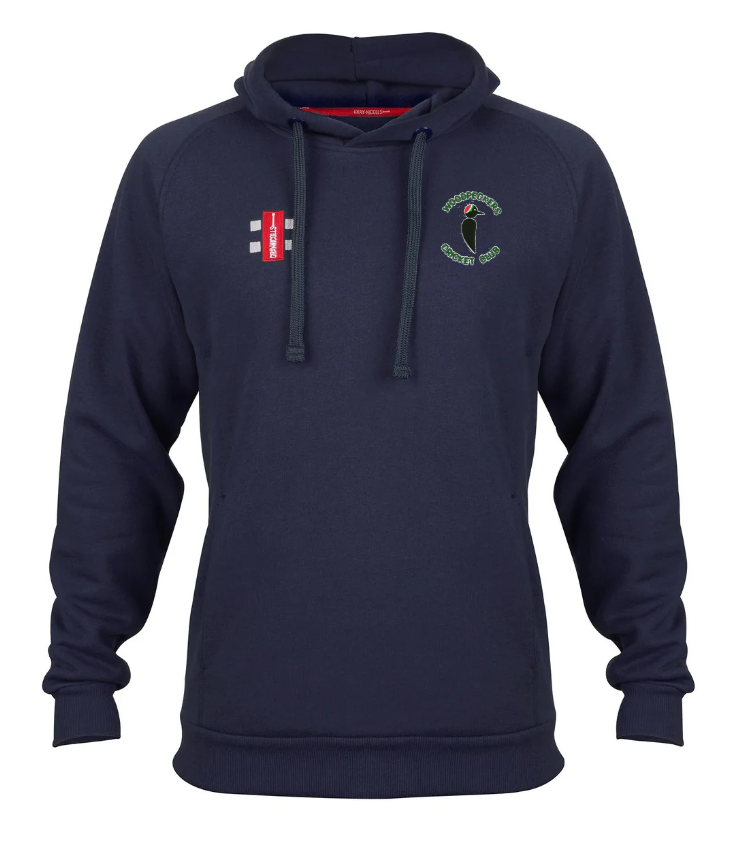 The Gray Nicolls Woodpeckers CC Velocity Hoodie is a navy blue organic cotton hoodie with a front pocket, a red and white rectangular logo on the right chest, and a green and white circular crest on the left chest.