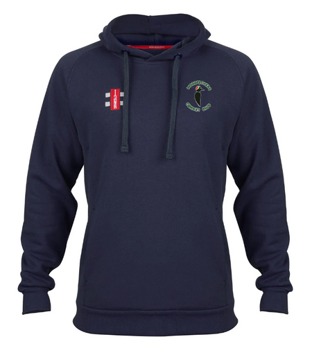 The Gray Nicolls Woodpeckers CC Velocity Hoodie is a navy blue organic cotton hoodie with a front pocket, a red and white rectangular logo on the right chest, and a green and white circular crest on the left chest.