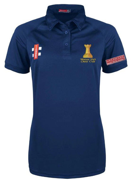 The Gray Nicolls Matrix V2 Ladies Polo Shirt in navy features moisture-wicking fabric, a chess rook and Wotton Hall Chess Club embroidery on the chest, sponsor logos on the sleeves, and a small badge on the upper chest.