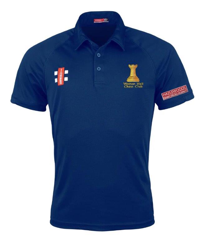 The Wotton Hall Chess Club Matrix V2 Polo by Gray Nicolls is a navy short-sleeved shirt with an embroidered yellow chess rook and club name on the left chest, plus red sponsor patches on the right chest and left sleeve. Perfect for training.