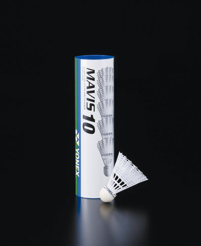 A Yonex Mavis 10 Shuttles - Tube of 6 stands upright on a dark surface, with a white Yonex shuttlecock in front.