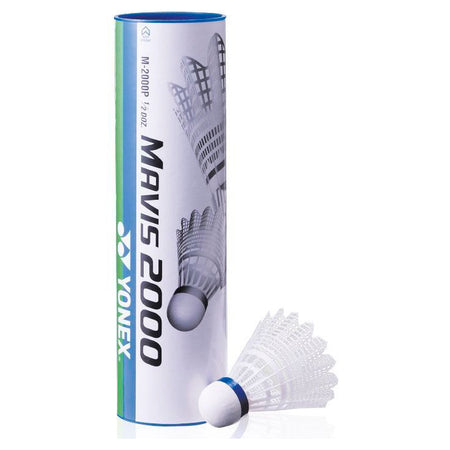 A Yonex Mavis 2000 Shuttles (Tube of 6) stands upright, with one white Yonex shuttlecock featuring a blue band displayed in front against a clean white background.