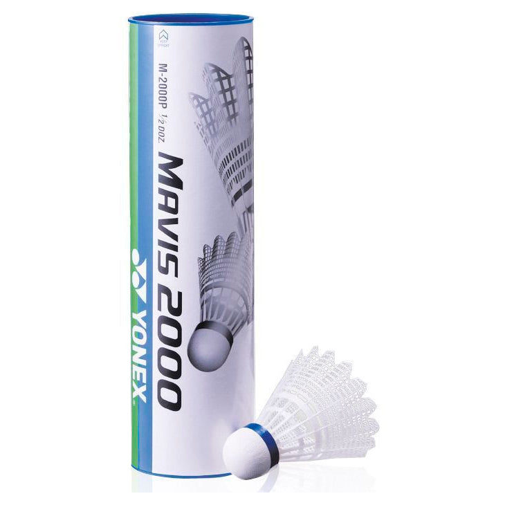 A Yonex Mavis 2000 Shuttles (Tube of 6) stands upright, with one white Yonex shuttlecock featuring a blue band displayed in front against a clean white background.