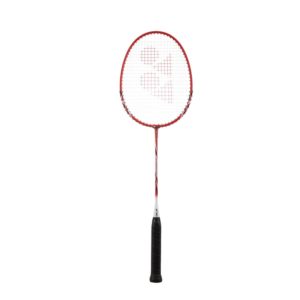 A Yonex B7000 MDM Muscle Mega badminton racket in red and white with a black handle is shown vertically against a plain white background. This Yonex racket is an ideal entry-level choice for beginners.