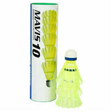 A tube of Yonex Mavis 10 Shuttles - Tube of 6 by Yonex, in yellow, with one shuttlecock standing upright in front and an illustration of shuttlecocks on the tube.
