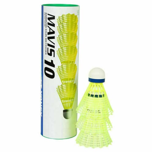 A tube of Yonex Mavis 10 Shuttles - Tube of 6 by Yonex, in yellow, with one shuttlecock standing upright in front and an illustration of shuttlecocks on the tube.
