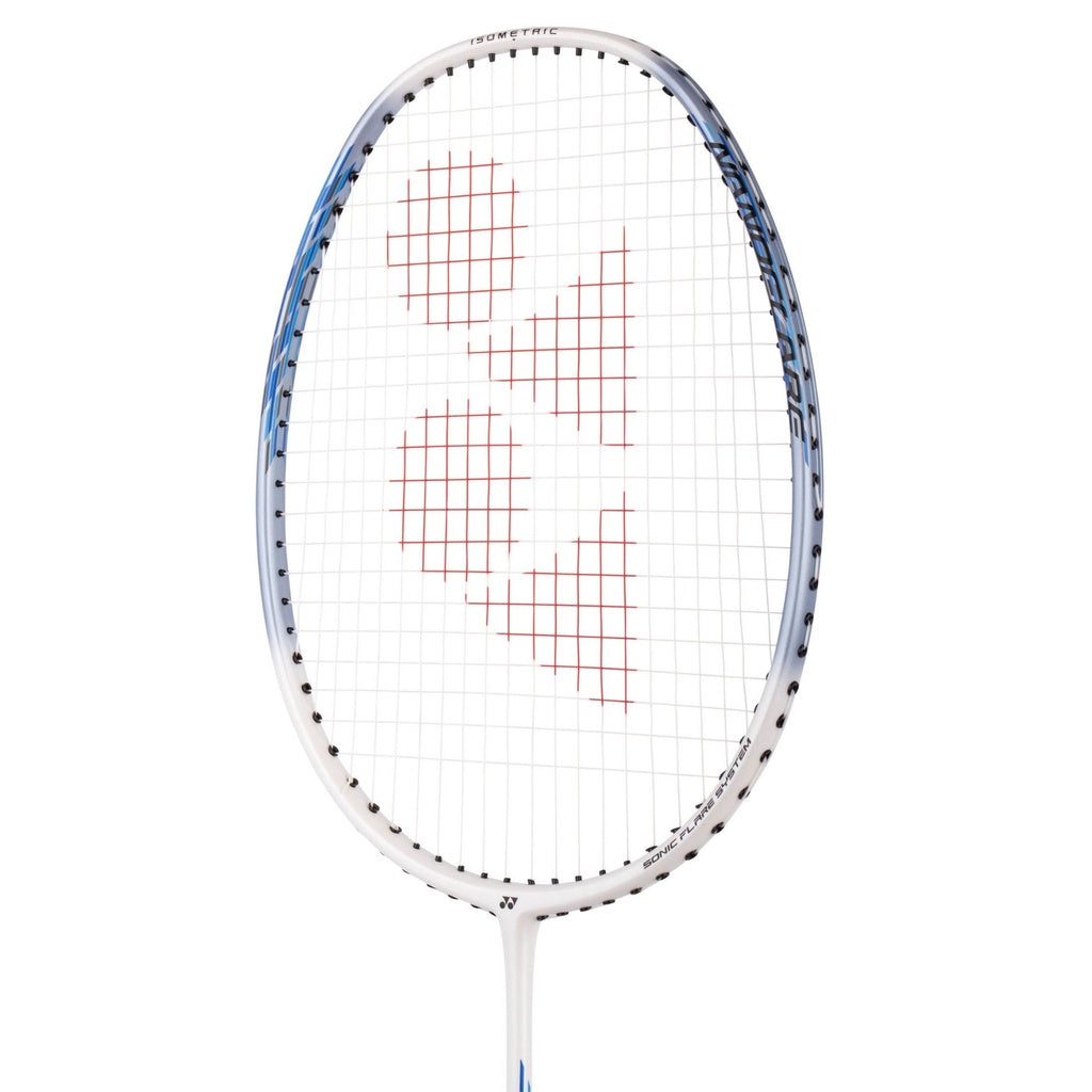 The Yonex Nanoflare 001 Clear badminton racket features a white frame with blue accents and red geometric string designs, shown against a plain white background—perfect for club players.