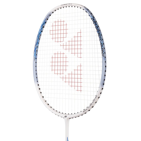 The Yonex Nanoflare 001 Clear badminton racket features a white frame with blue accents and red geometric string designs, shown against a plain white background—perfect for club players.