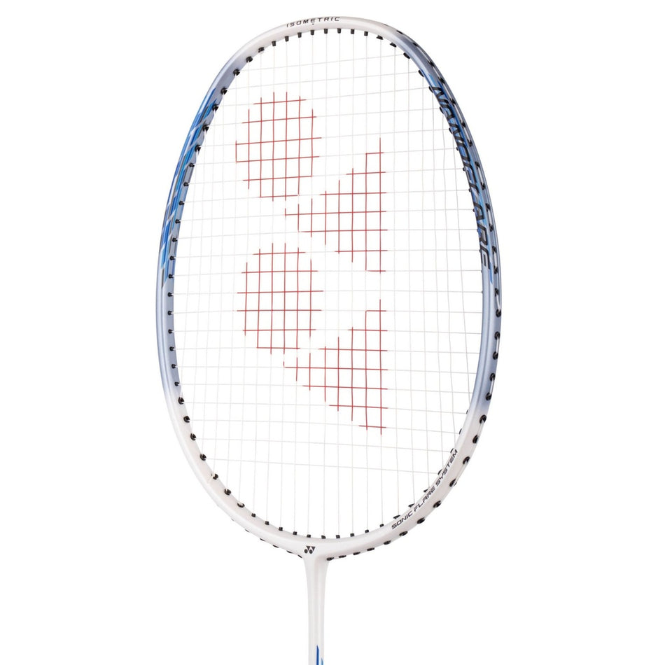 The Yonex Nanoflare 001 Clear badminton racket features a white frame with blue accents and red geometric string designs, shown against a plain white background—perfect for club players.