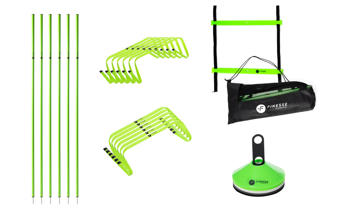 The Finesse Agility Bundle by Finesse includes six neon green poles, ten agility hurdles, a speed ladder, round markers, and a branded black carrying bag—perfect for enhancing your sports agility training.