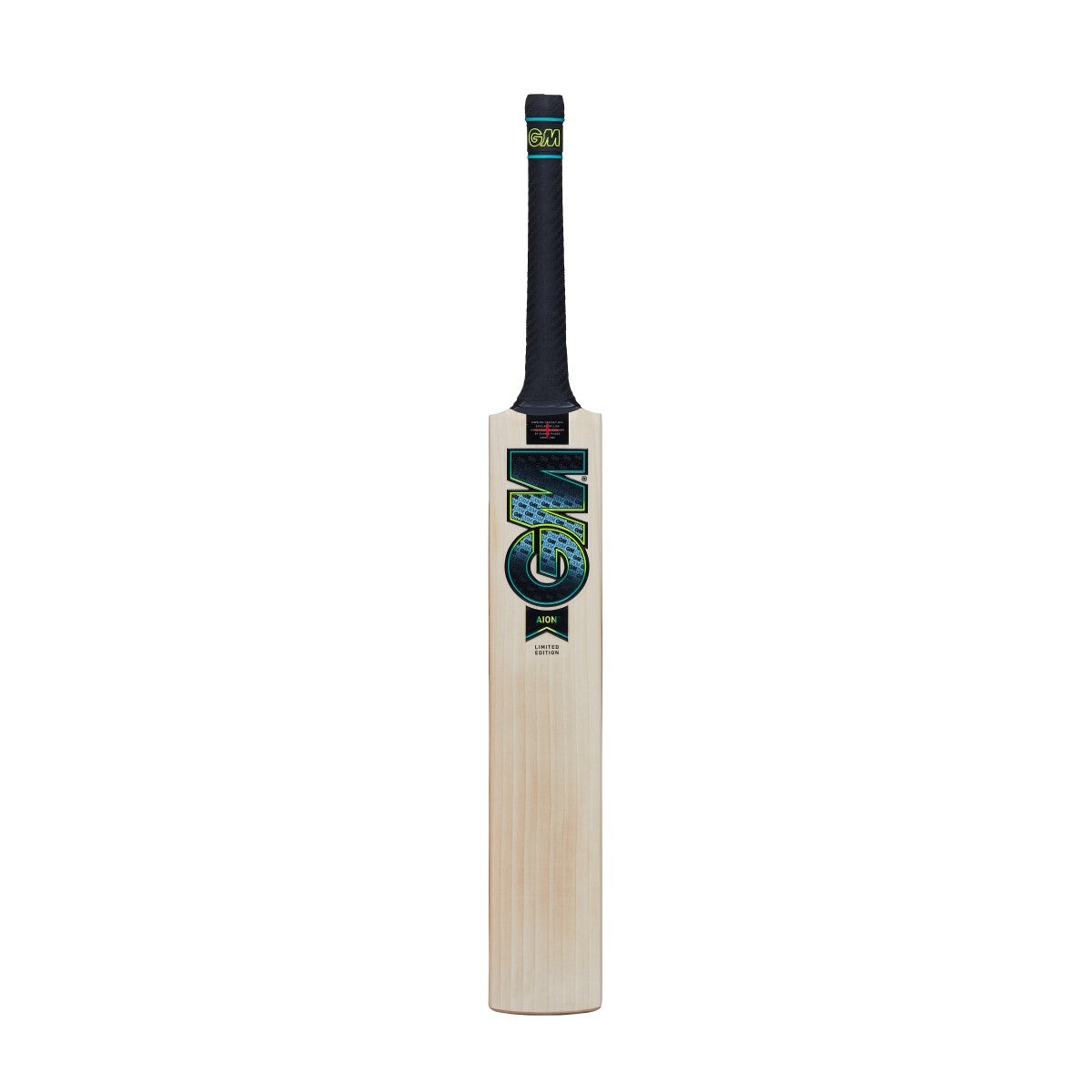 The Gunn & Moore Aion DXM Junior Cricket Bat, featuring a wooden English Willow blade and a black Fuze grip handle with the GM logo, stands upright against a plain white background.