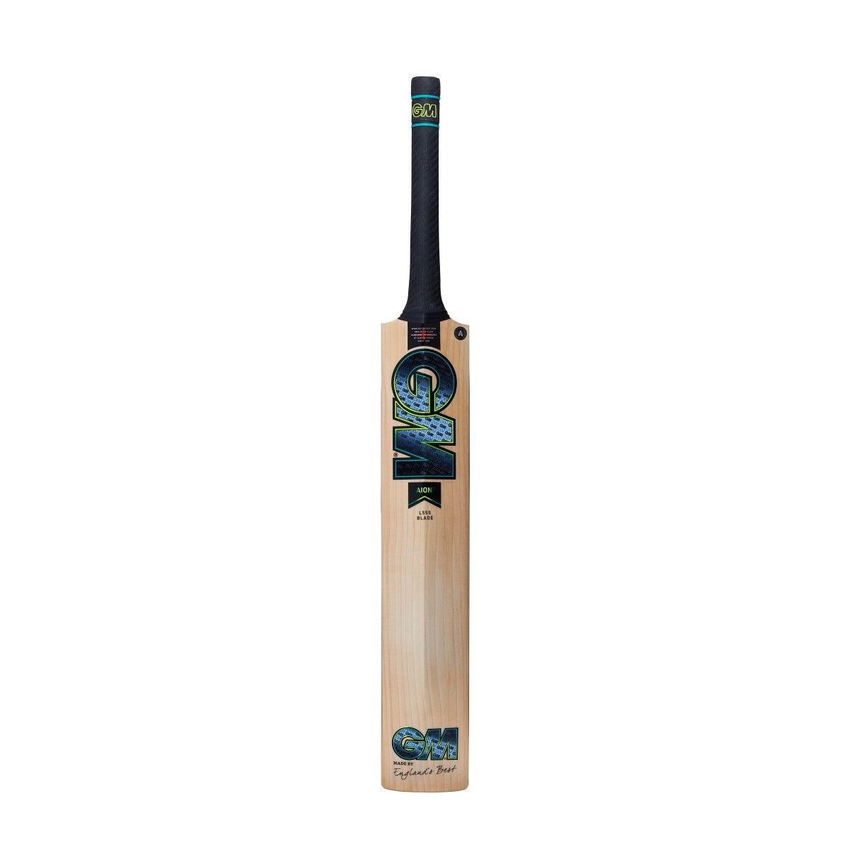 The Gunn & Moore Aion DXM Junior Cricket Bat features a wooden English Willow blade, black Fuze grip handle, and blue, green, and gold GM stickers. It has a low swell position and is shown upright against a plain white background.