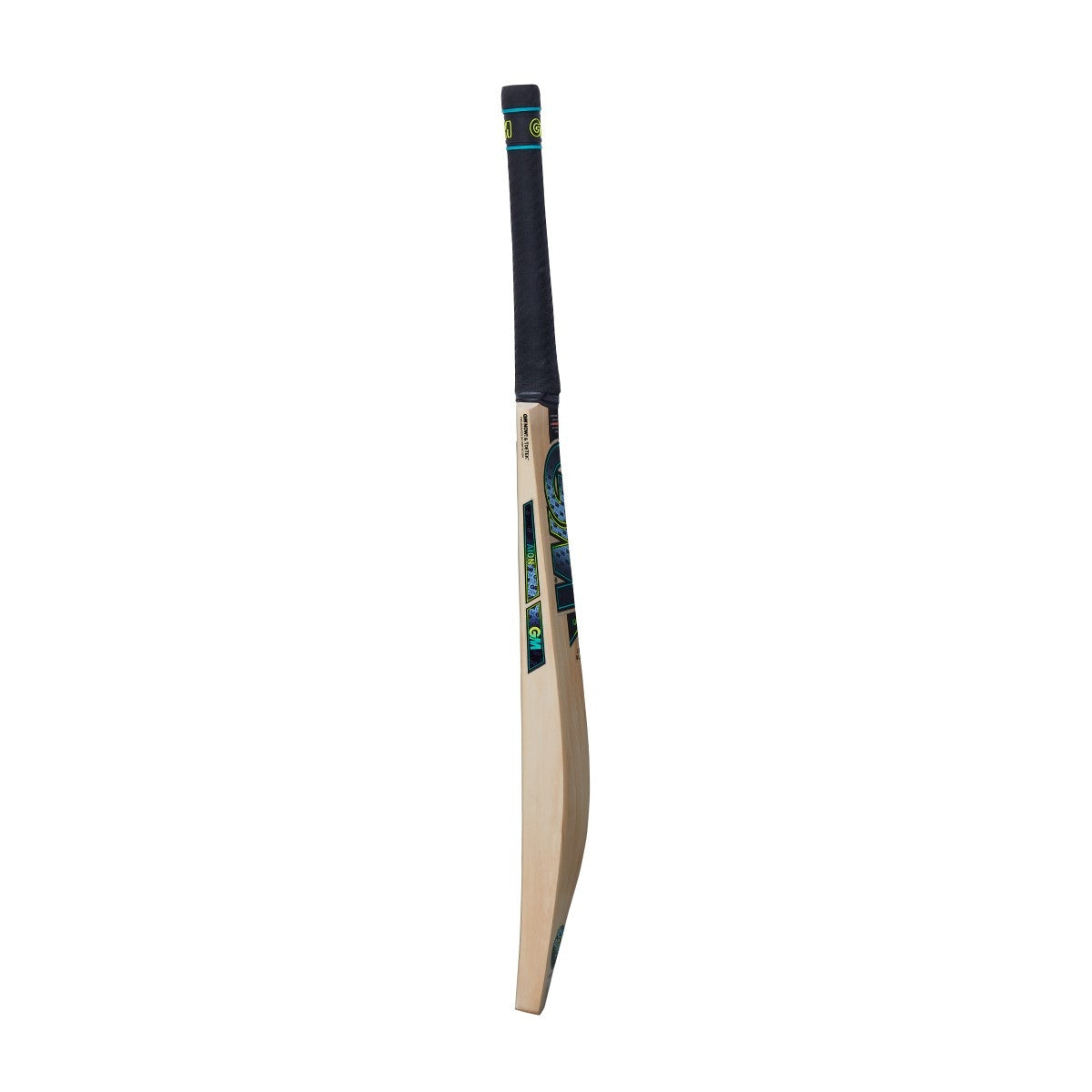The Gunn & Moore Aion DXM Junior Cricket Bat stands upright against a white background, featuring a Fuze grip and black and blue stickers on its English Willow blade.