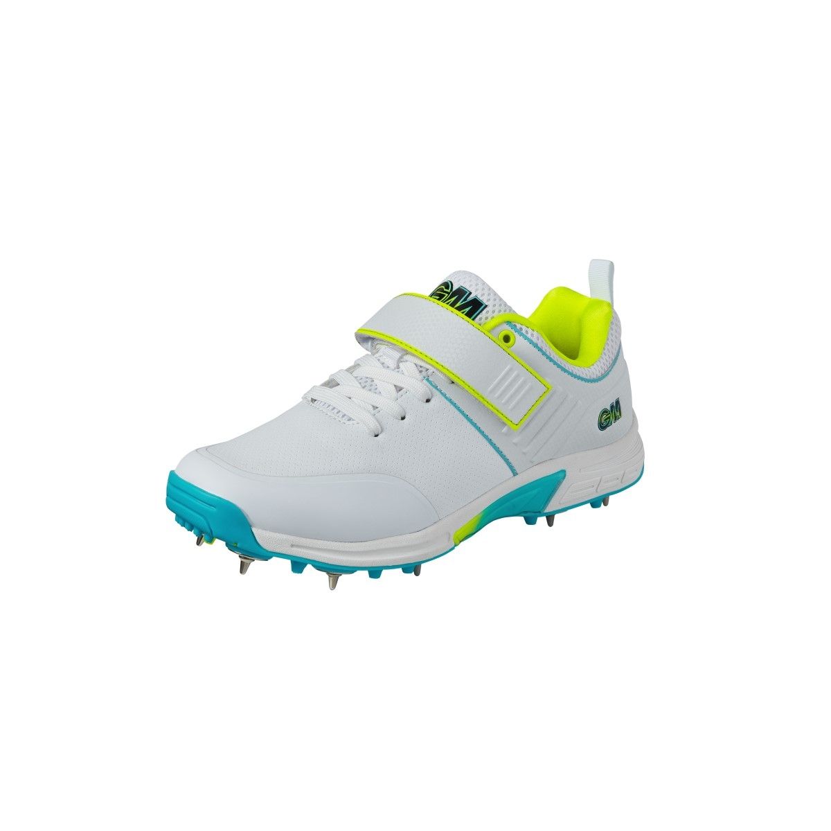 The Gunn & Moore Aion+ Cricket Spikes 2024 is a white athletic shoe with blue details, yellow-green lining, breathable microfibre PU, hook-and-loop strap, steel spikes on the sole, and a GM logo—ideal for cricket and multi-sport use.