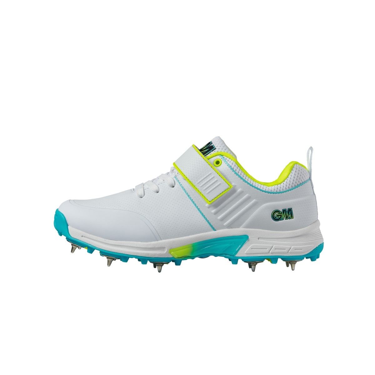 The Gunn & Moore Aion+ Cricket Spikes 2024 are white athletic shoes with metal spikes, teal and neon yellow accents, a Velcro strap, and the GM logo. Made with breathable microfibre PU for comfort—ideal steel spike shoes for cricket.