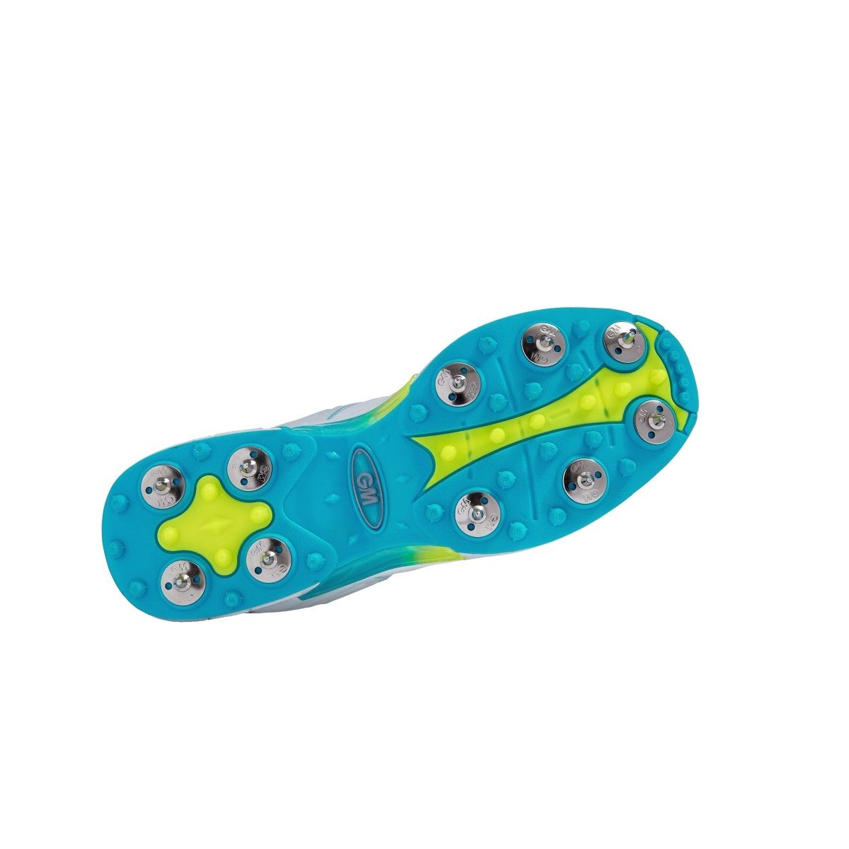 The image displays the sole of the Gunn & Moore Aion+ Cricket Spikes 2024 by Gunn & Moore, featuring blue and neon yellow colors, multiple steel spikes, and an ergonomic slip-lasted construction for cricket.