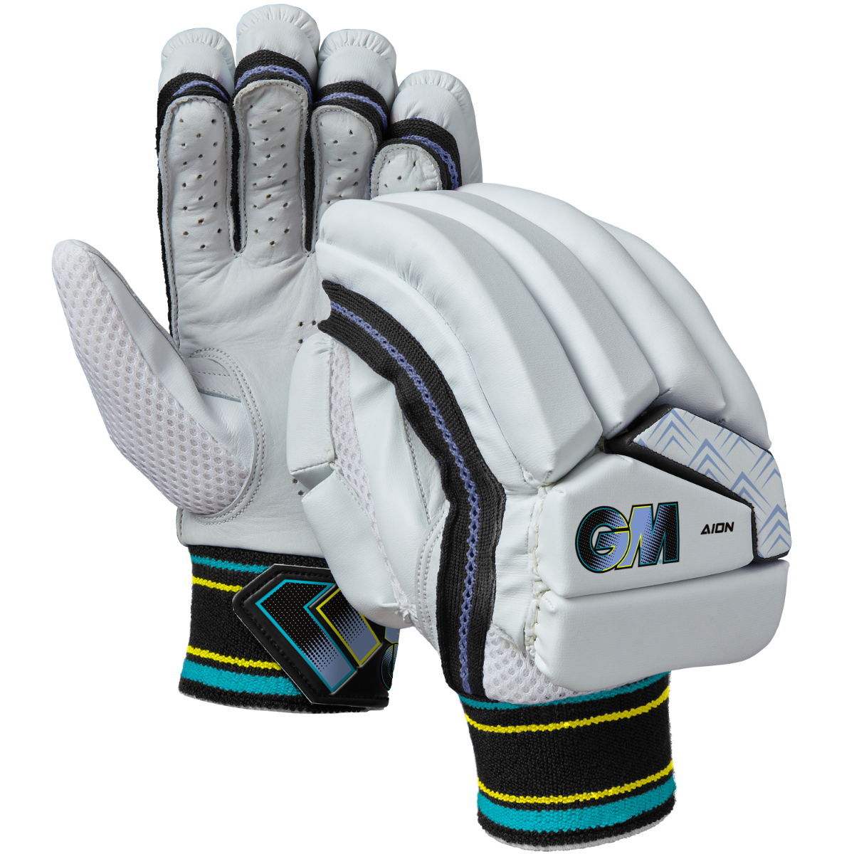 The Gunn & Moore Aion Batting Gloves 2025 feature a white design with black, blue, and yellow wristbands. One glove shows the ventilated calf leather palm; the other highlights the padded back and GM branding—ideal for beginners.