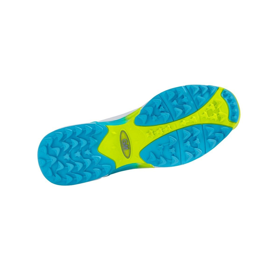 The image shows the sole of the Gunn & Moore Aion All Rounder Cricket Shoe 2024, with a blue and neon yellow tread featuring chevron and star shapes for traction and a central CMP logo. The background is white.