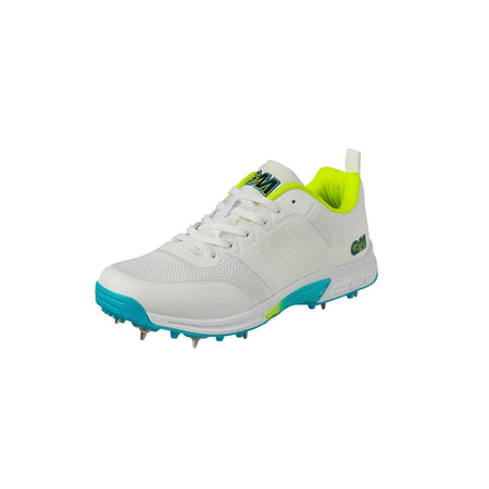 The Gunn & Moore Aion Cricket Spikes 2024 is a white athletic shoe with blue and lime green accents, breathable mesh, and steel spikes, designed for cricket; shown on a plain white background.