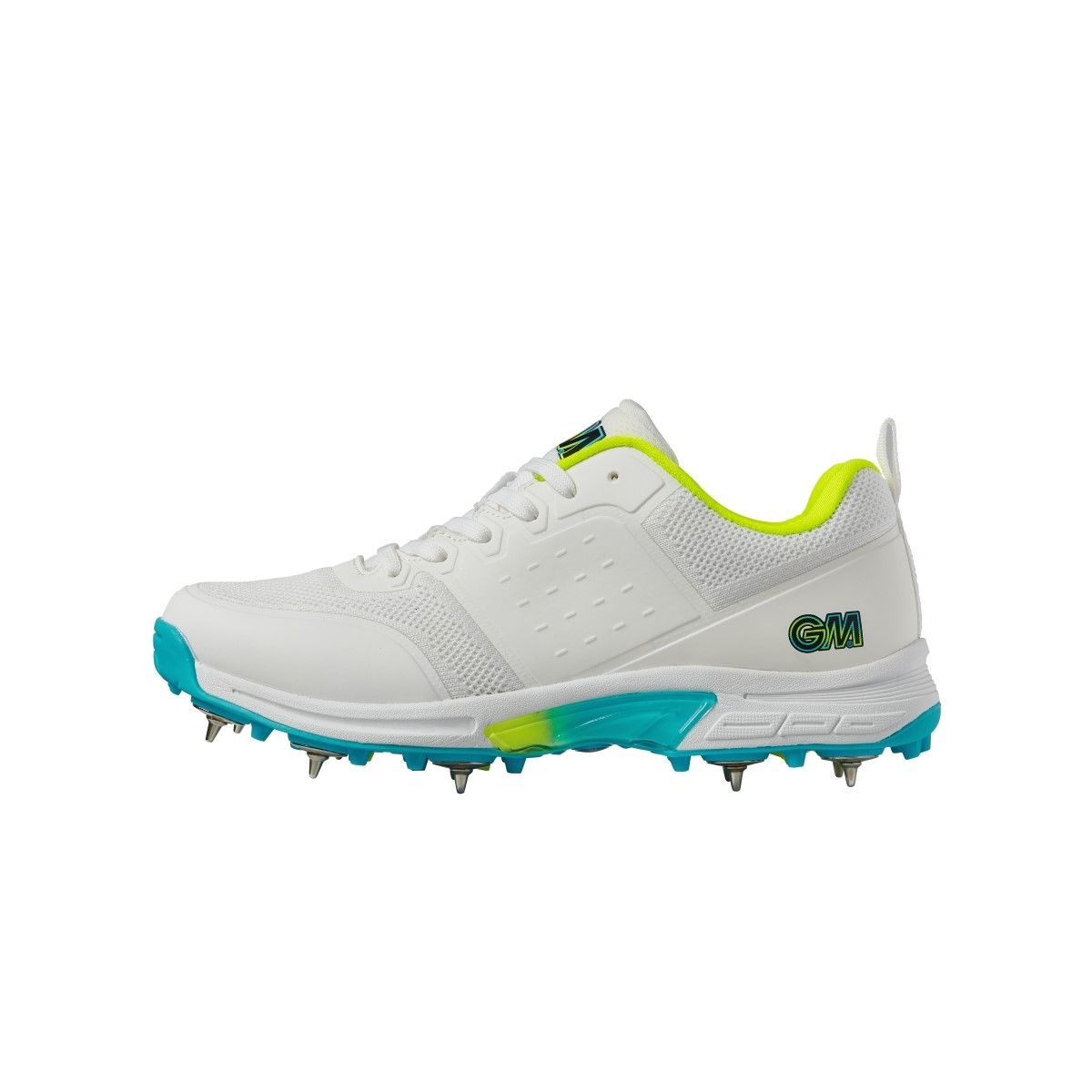 The Gunn & Moore Aion Cricket Spikes 2024 is a white athletic shoe with green and blue accents, steel spikes on the sole, a breathable mesh upper, laces, GM branding on the side, and a bright yellow inner lining.